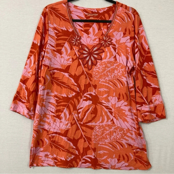 Soft Surroundings Leaf Print Floral Beaded Neck Soft Stretch Pullover Top Medium - Picture 1 of 12